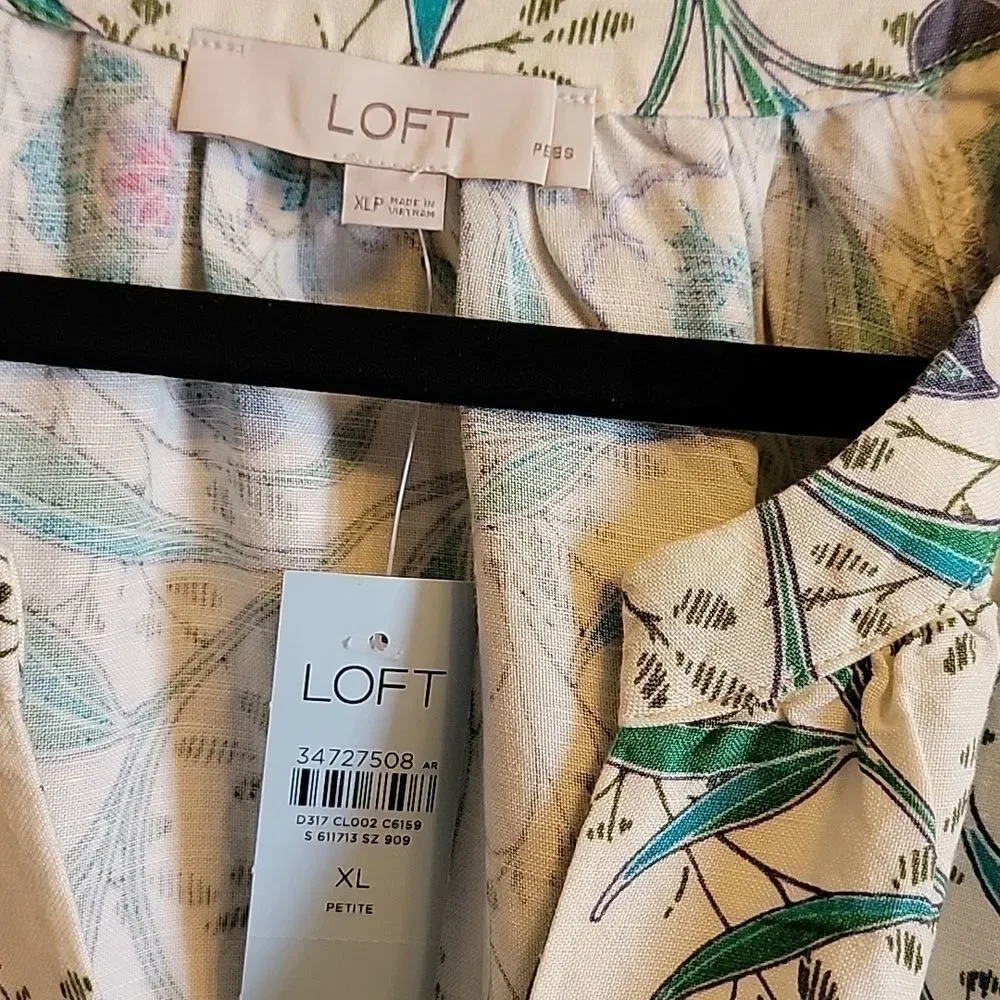 Loft-Linen iv, teal pink, print dress. Short sleeves. XLP. NWT.